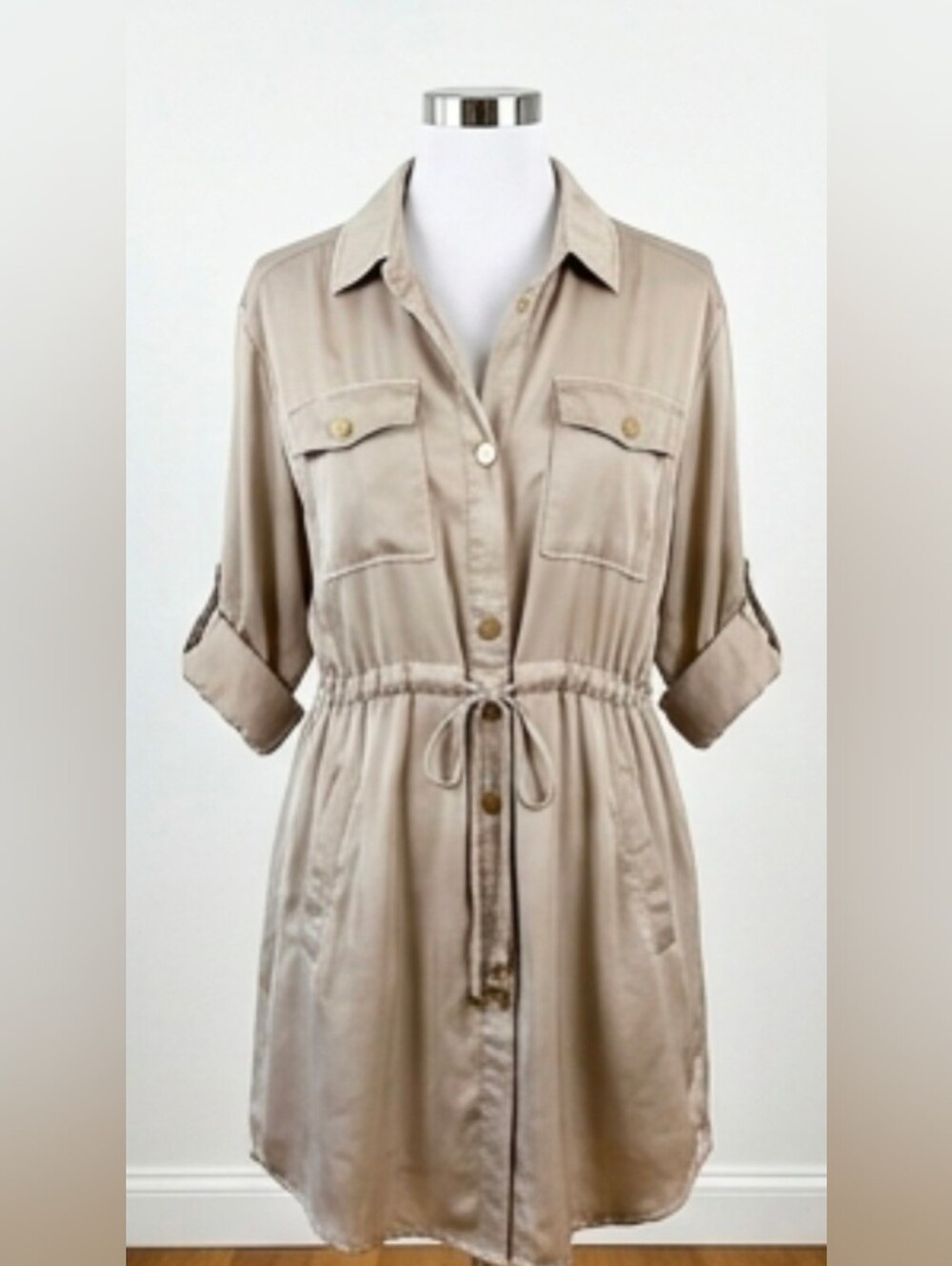 Umgee Women's Taupe Utility Shirt Dress with Drawstring Waist
